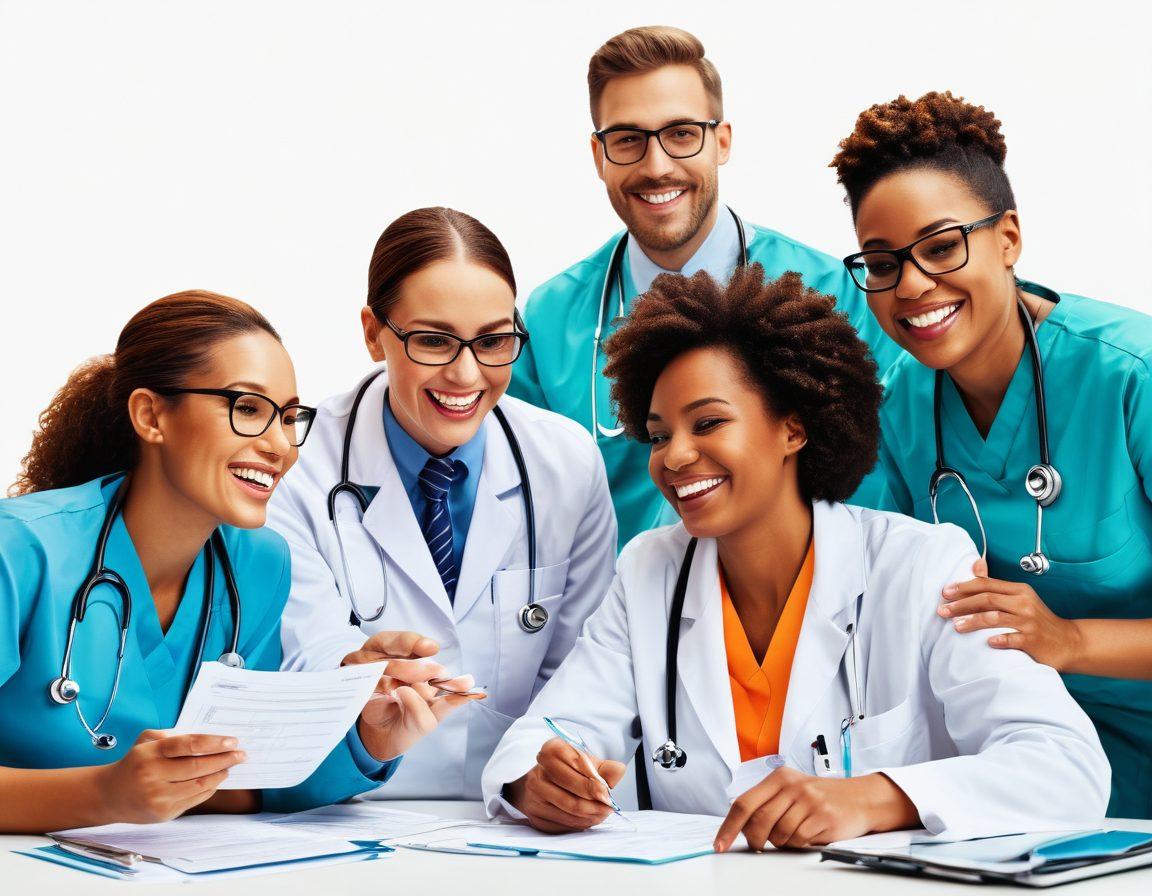 A vibrant, warm-themed illustration showcasing a diverse group of healthcare professionals engaged in a joyful discussion, surrounded by visual elements representing medical billing paperwork, smiling patients receiving care, and graphical representations of revenue growth. The atmosphere should be uplifting and positive, symbolizing satisfaction and collaboration in healthcare. super-realistic. bright colors. white background.