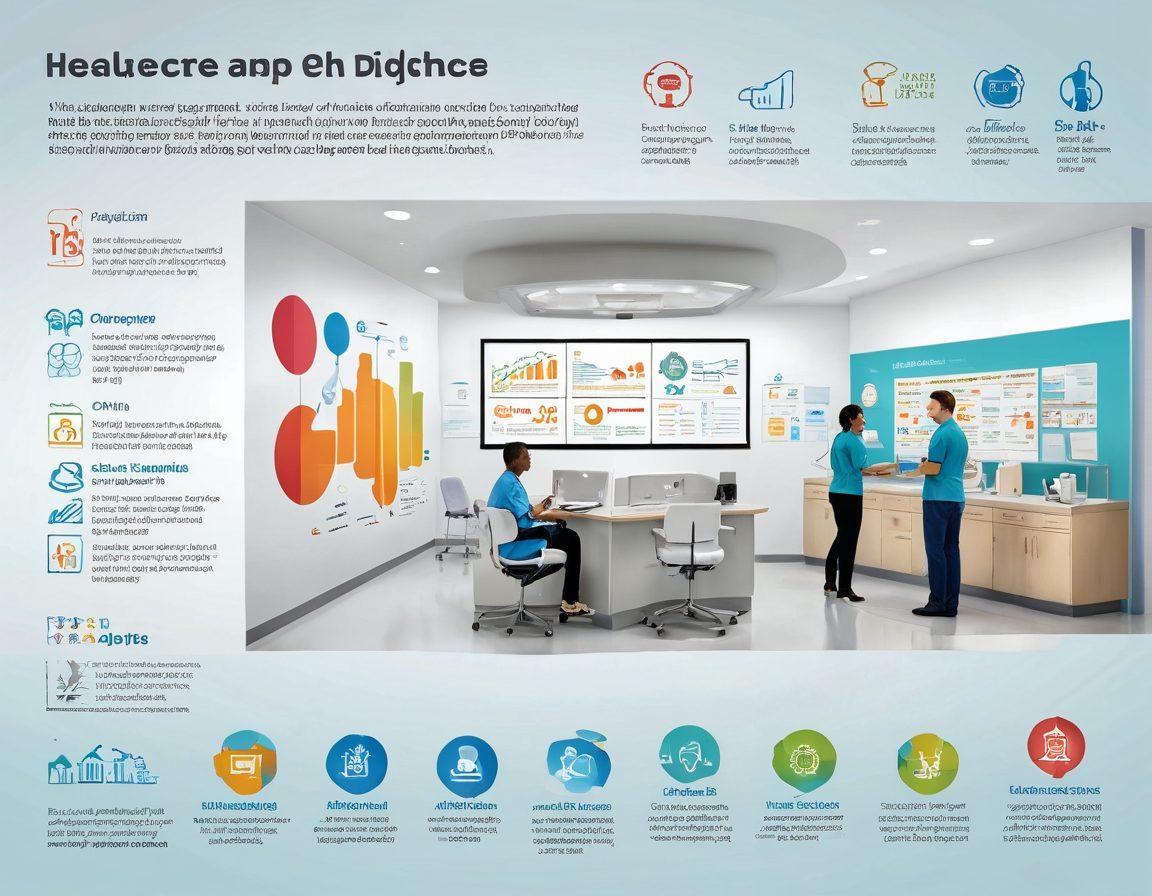 A dynamic infographic showcasing a modern healthcare environment where staff and patients are smiling and engaging. In the background, visual elements representing revenue cycles, such as charts and financial graphs, subtly blend with imagery of wellness and patient care. Bright colors and soft lighting create a welcoming atmosphere, emphasizing both efficiency and empathy in healthcare. super-realistic. vibrant colors. white background.