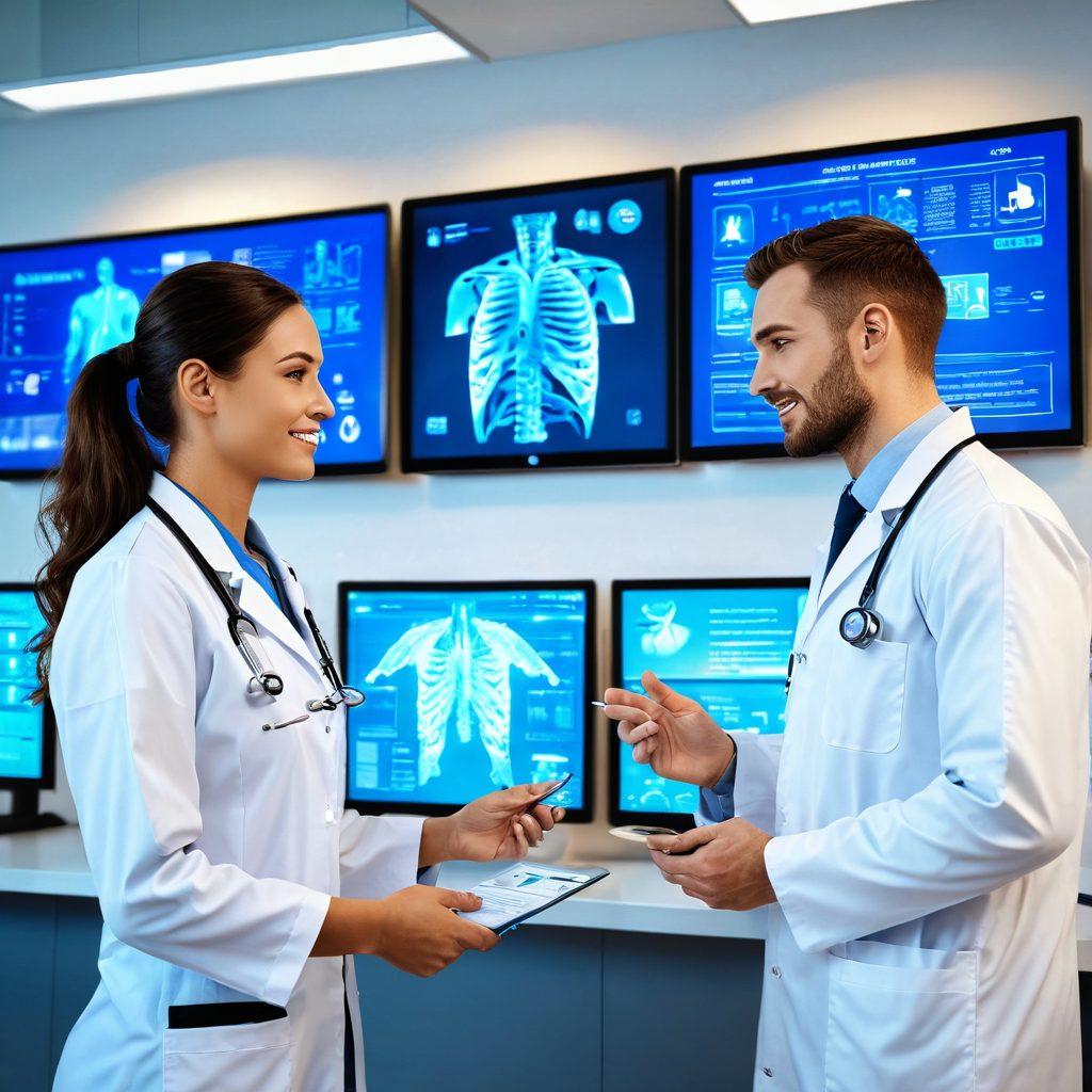 A compassionate healthcare worker assisting a patient in a modern clinic environment, surrounded by digital screens displaying medical claims processes. There are graphics illustrating patient satisfaction metrics on the walls. The scene is bright and welcoming, emphasizing efficiency and care. super-realistic. vibrant colors. 3D.
